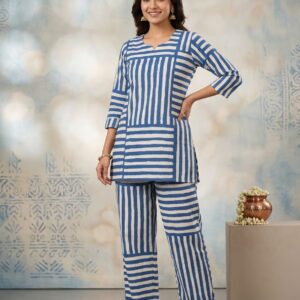 Women Striped Kurta Pant Color Blue Set